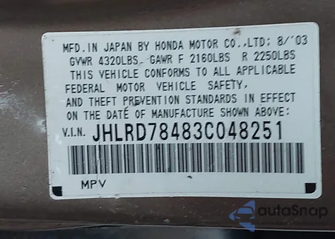 2003 Honda Cr-V Lx from USA, damaged, VIN JHLRD78483C048251